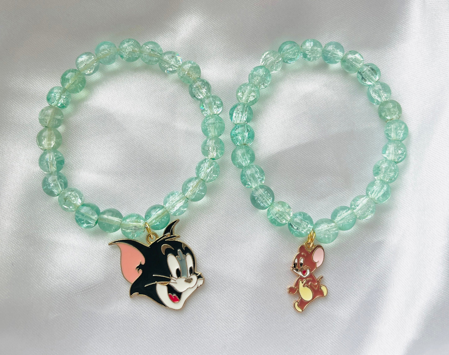 Jewelsbysirani Pack of 2 cute Tom and Jerry crystall crackle glass Blue Beads Bracelet for Best Friends