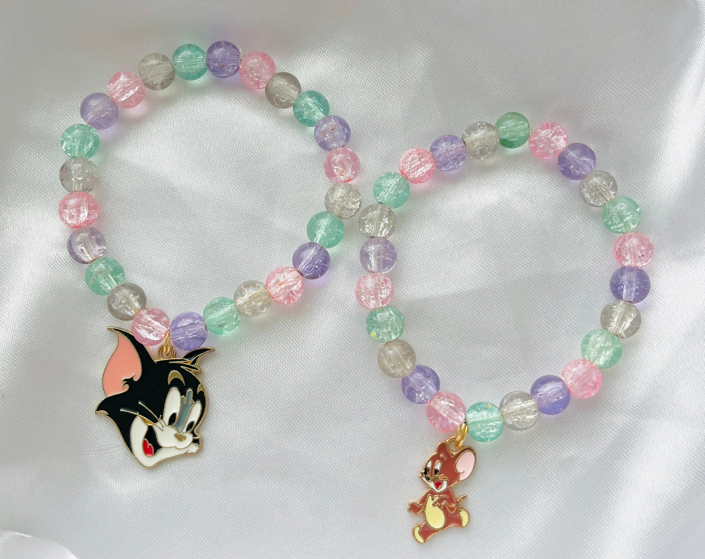 Jewelsbysirani Pack of 2 cute Tom and Jerry crystall crackle glass Blue Beads Bracelet for Best Friends