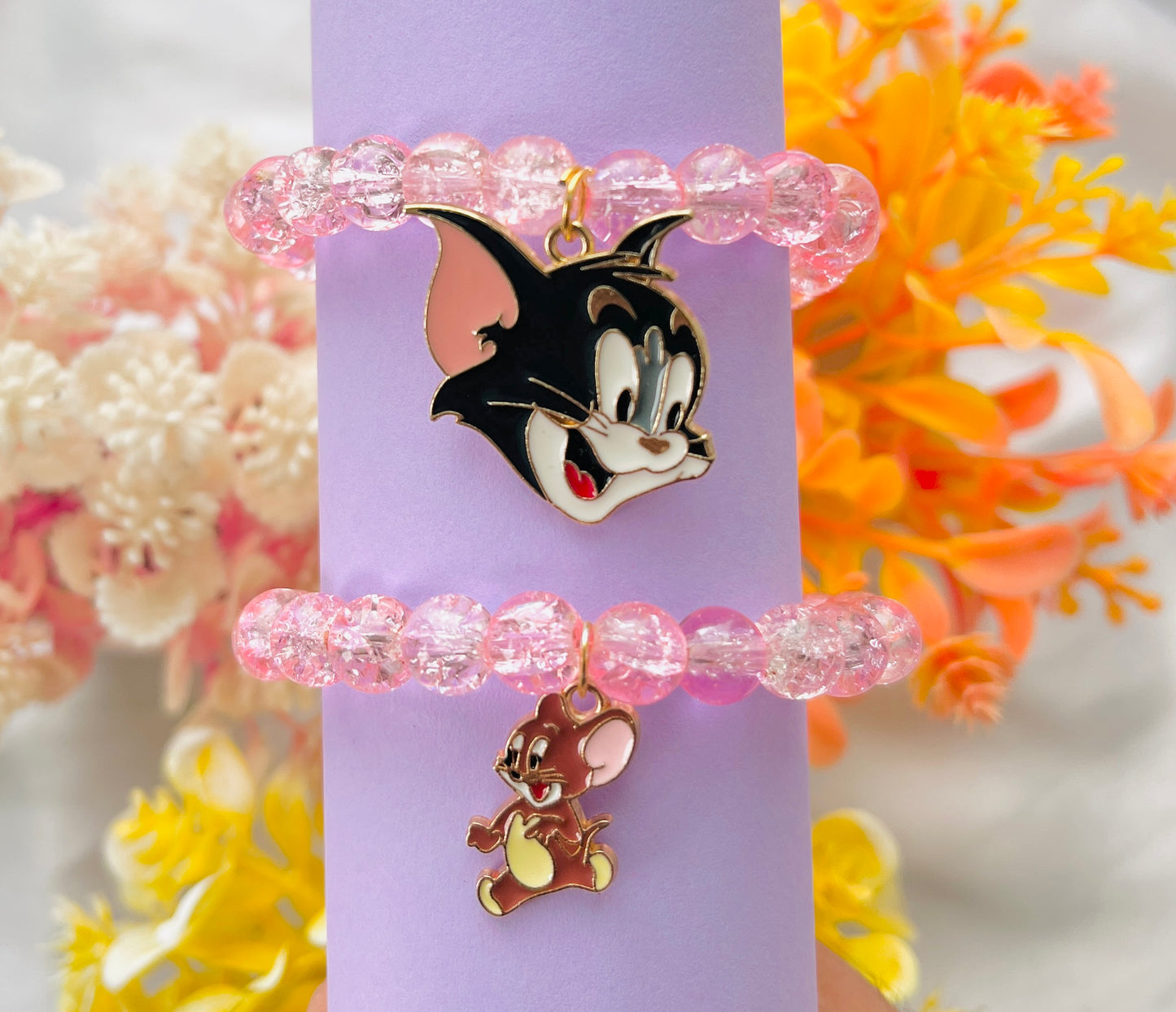 Jewelsbysirani Pack of 2 cute Tom and Jerry crystall crackle glass Blue Beads Bracelet for Best Friends