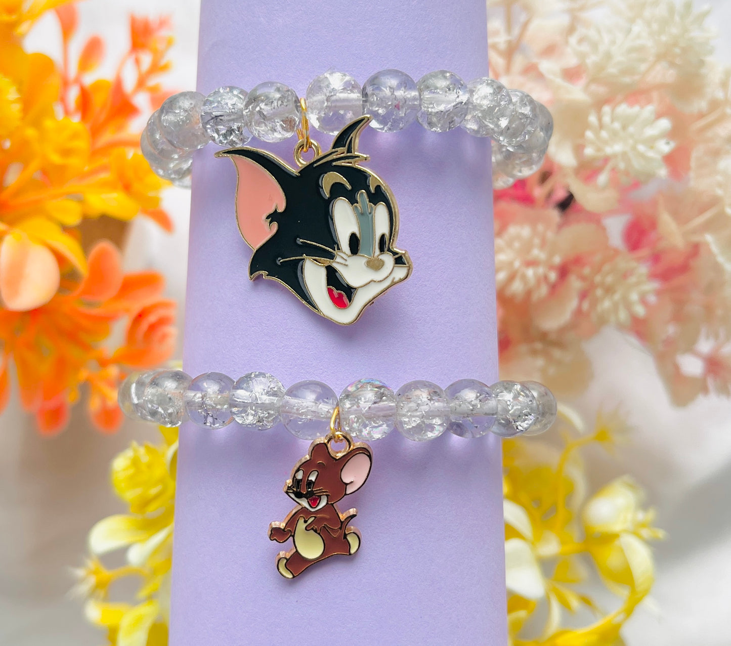 Jewelsbysirani Pack of 2 cute Tom and Jerry crystall crackle glass Blue Beads Bracelet for Best Friends