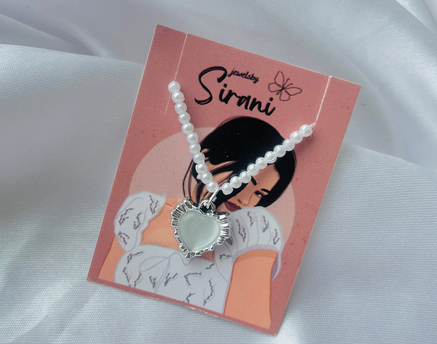Trendy Viral Silver Plated Heart AD Stone Charm White Pearl Necklace For Women And Girls