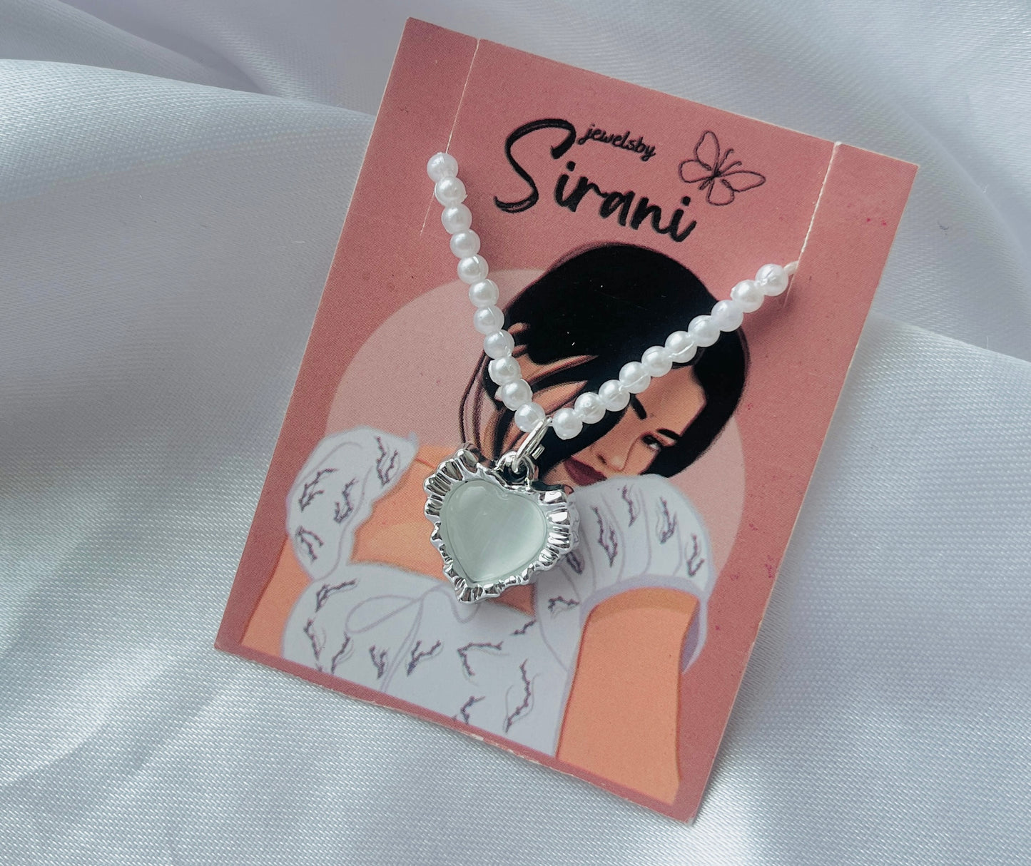 Trendy Viral Silver Plated Heart AD Stone Charm White Pearl Necklace For Women And Girls