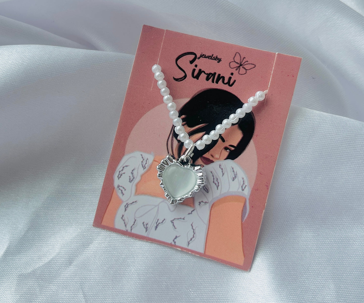 Trendy Viral Silver Plated Heart AD Stone Charm White Pearl Necklace For Women And Girls