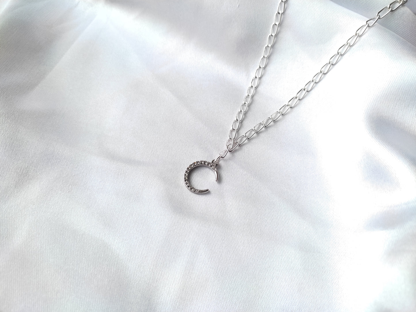Stylish trendy Korean Silver Plated Moon AD stone charm thick chain (4mm) pendant necklace for women and girls