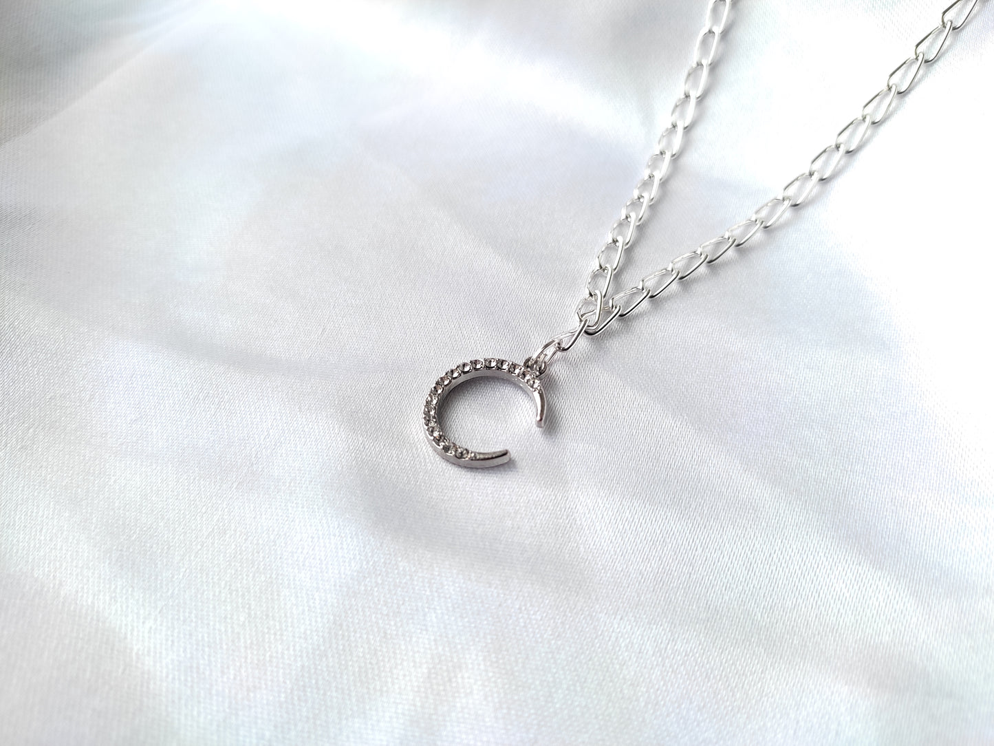Stylish trendy Korean Silver Plated Moon AD stone charm thick chain (4mm) pendant necklace for women and girls