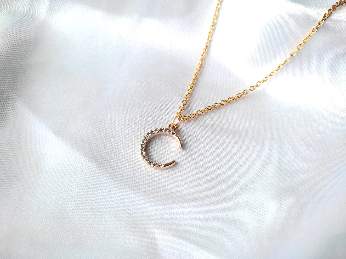Stylish trendy Korean Gold Plated Moon AD stone charm pendant necklace for women and girls