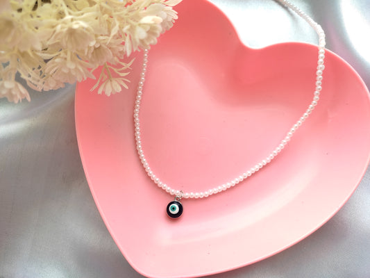 Stylish trendy pretty Silver evil eye white pearl necklace for women and girls