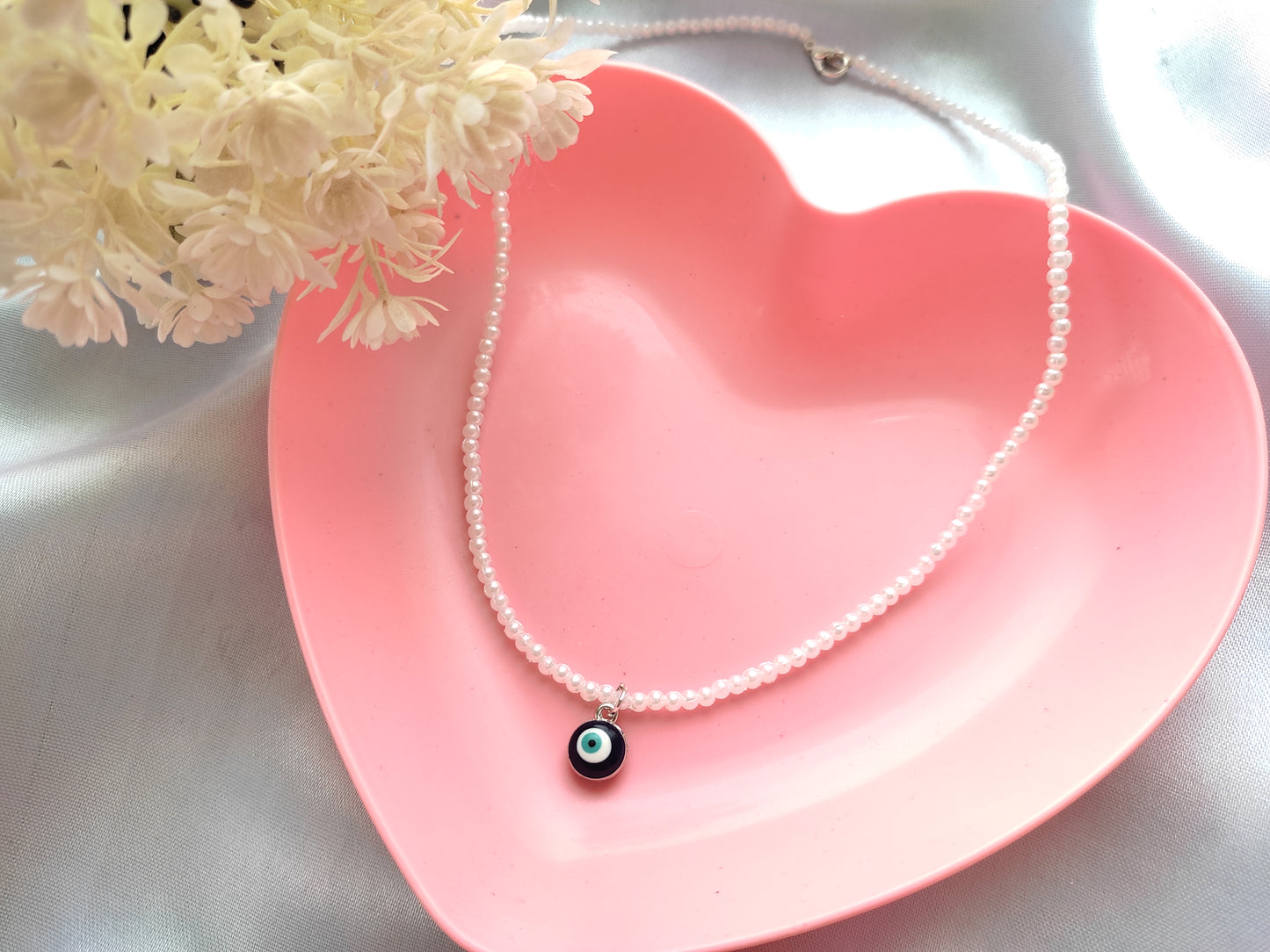 Stylish trendy pretty Silver evil eye white pearl necklace for women and girls