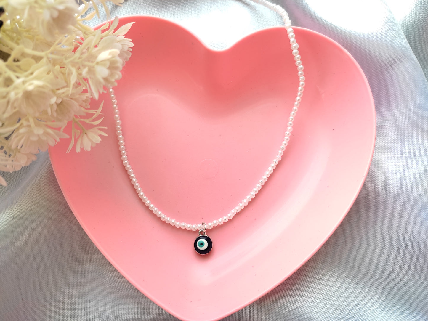 Stylish trendy pretty Silver evil eye white pearl necklace for women and girls