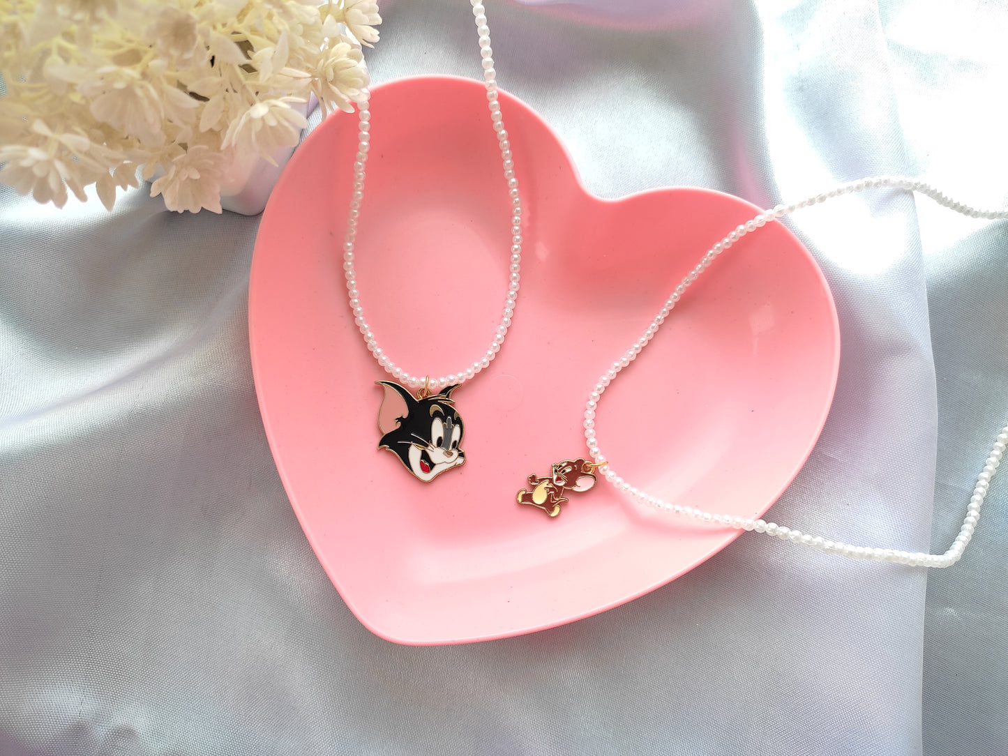 Stylish trendy Cute Tom and Jerry white pearl necklace for Best friends Forever