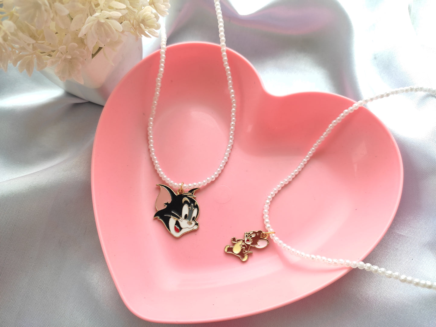 Stylish trendy Cute Tom and Jerry white pearl necklace for Best friends Forever