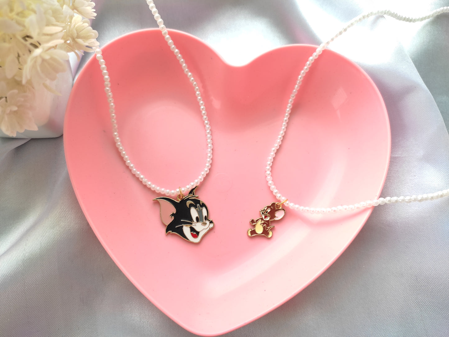 Stylish trendy Cute Tom and Jerry white pearl necklace for Best friends Forever