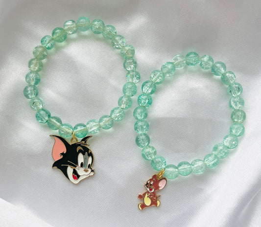 Jewelsbysirani Pack of 2 cute Tom and Jerry crystall crackle glass Blue Beads Bracelet for Best Friends