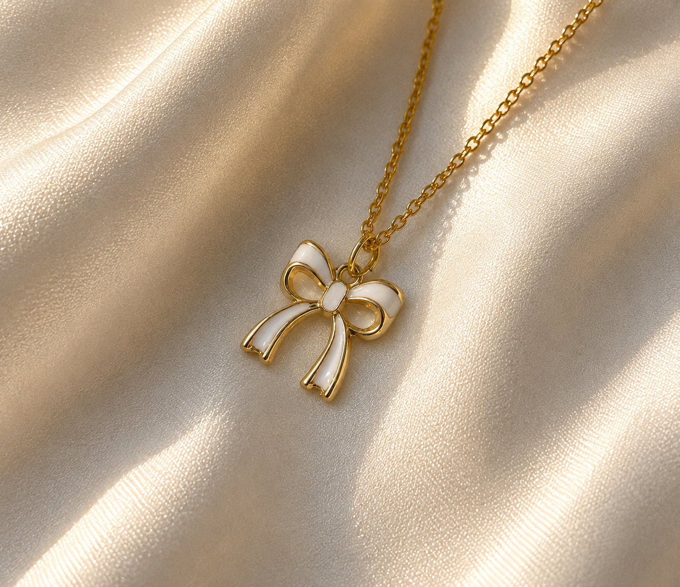 Stylish Trendy Cute White Bow Gold Charm Pendant Necklace For Women and Girls